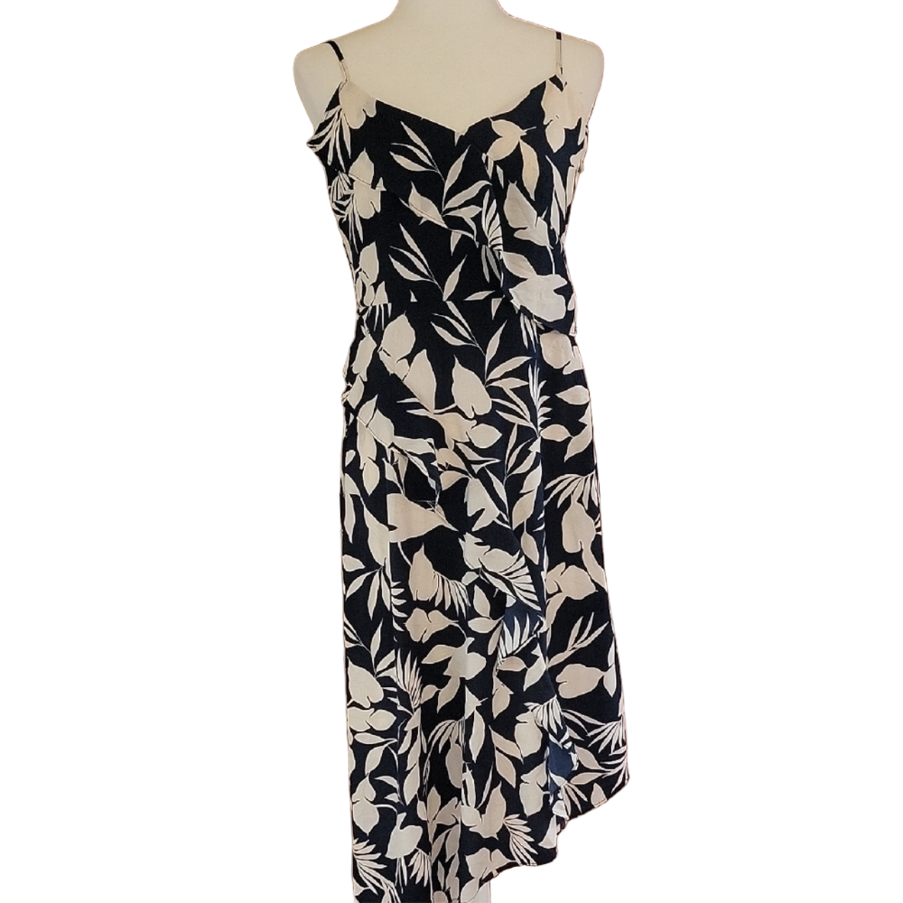 Banana Republic Navy White Tropical Ruffle Hi Low Asymmetrical Midi Dress 4 EUC